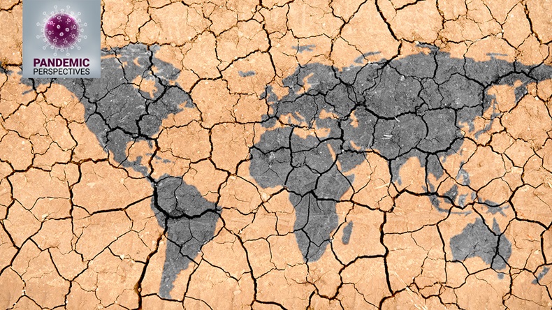 World map texture in a dried and cracked soil with Pandemic Perspectives logo