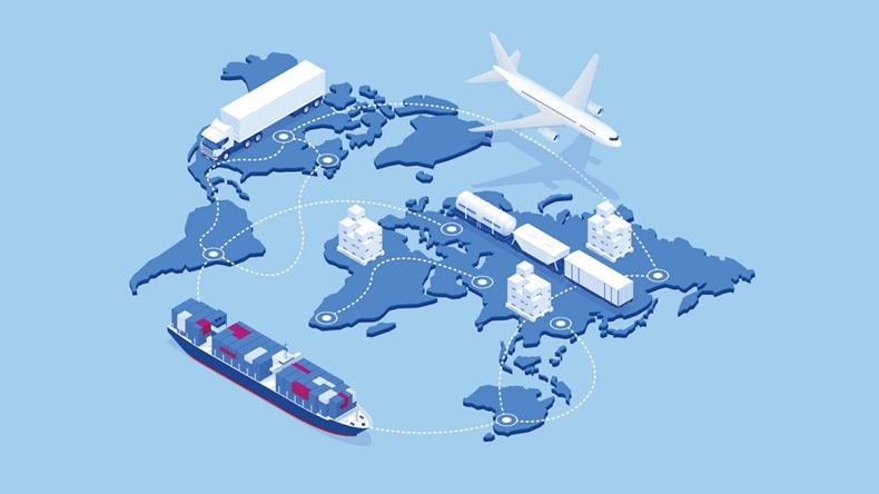 World map decorated with oversized lorry, plane, cargo ship to represent global supply chain