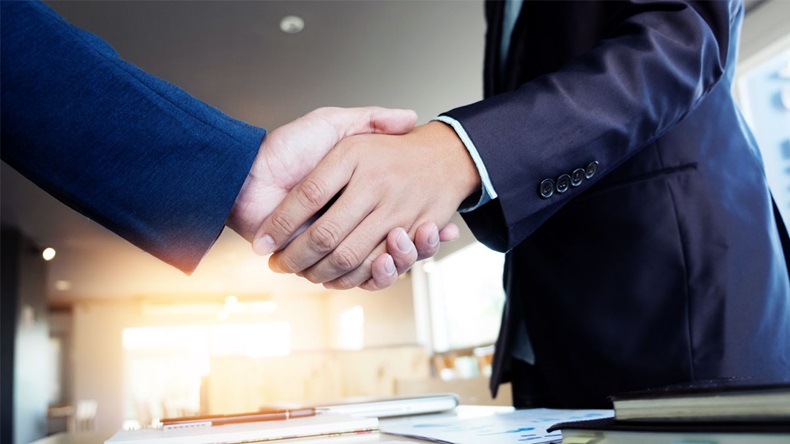Two businessmen shaking hands during a meeting in the office, success, dealing, greeting & business partner concepts - soft light.